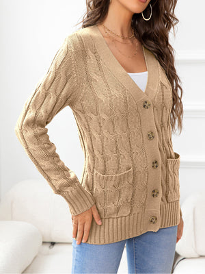Camel cable-knit cardigan with v-neck, buttons, and pockets.