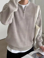 Khaki quarter zip relaxed fit ribbed knit pullover sweater with a white t-shirt layered underneath.