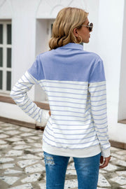 Colorblock stripe turtleneck knit sweater with a blue and white striped pattern and long sleeves.