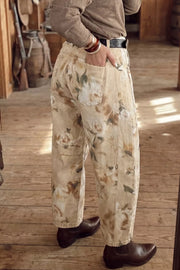 Retro Floral Print Relaxed Barrel Jeans in Beige, side view