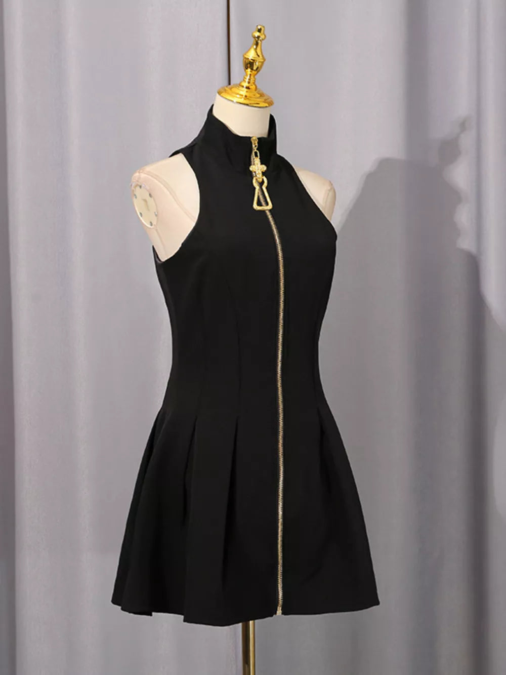 Zip Up Sleeveless Mini Dress in Black, back view
