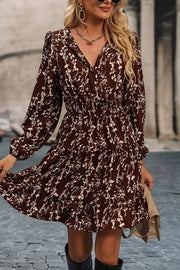 Ditsy Floral Print Split Neck Mini Dress in Coffee Brown, front view
