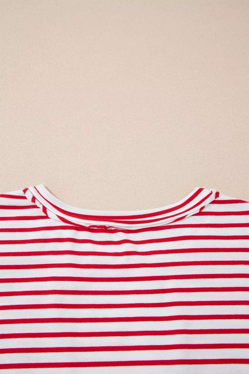 Maternity red and white striped cotton shirt with crew neck detail