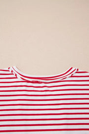 Maternity red and white striped cotton shirt with crew neck detail