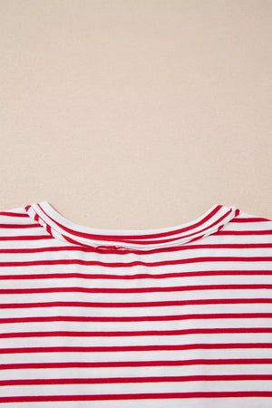 Maternity red and white striped cotton shirt with crew neck detail