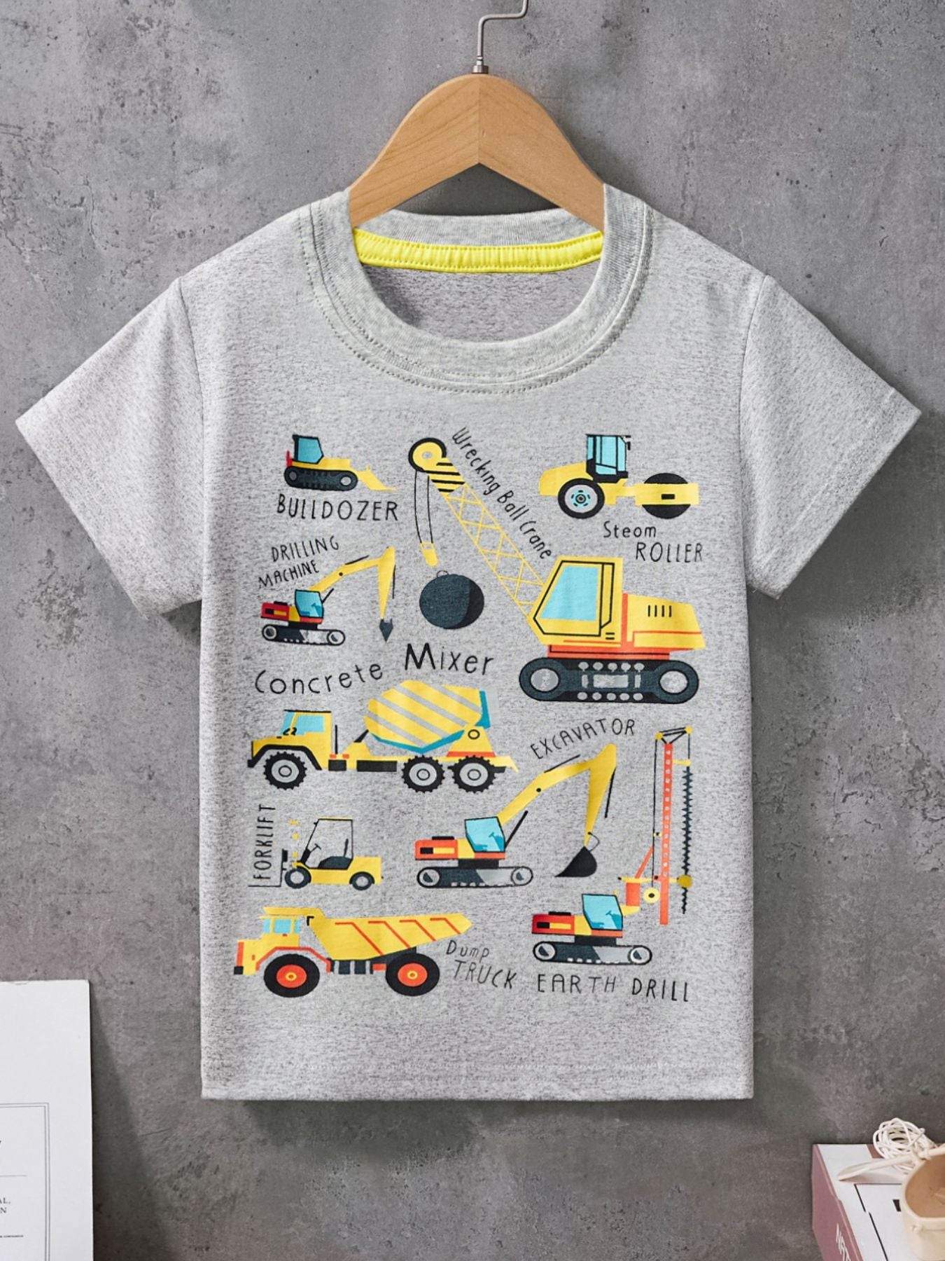 Light Gray cotton crew neck t-shirt with a playful construction vehicle print for kids.