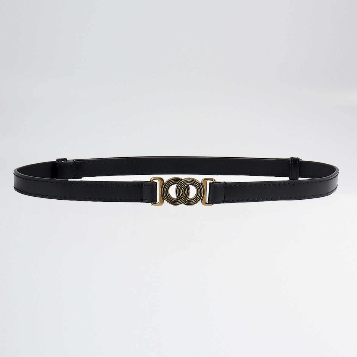Black vegan leather belt with interlocking gold buckle detail