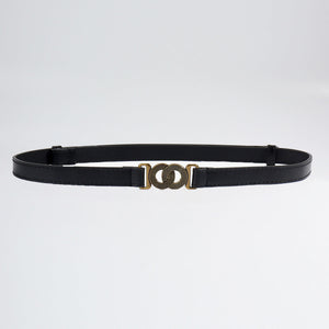 Black vegan leather belt with interlocking gold buckle detail
