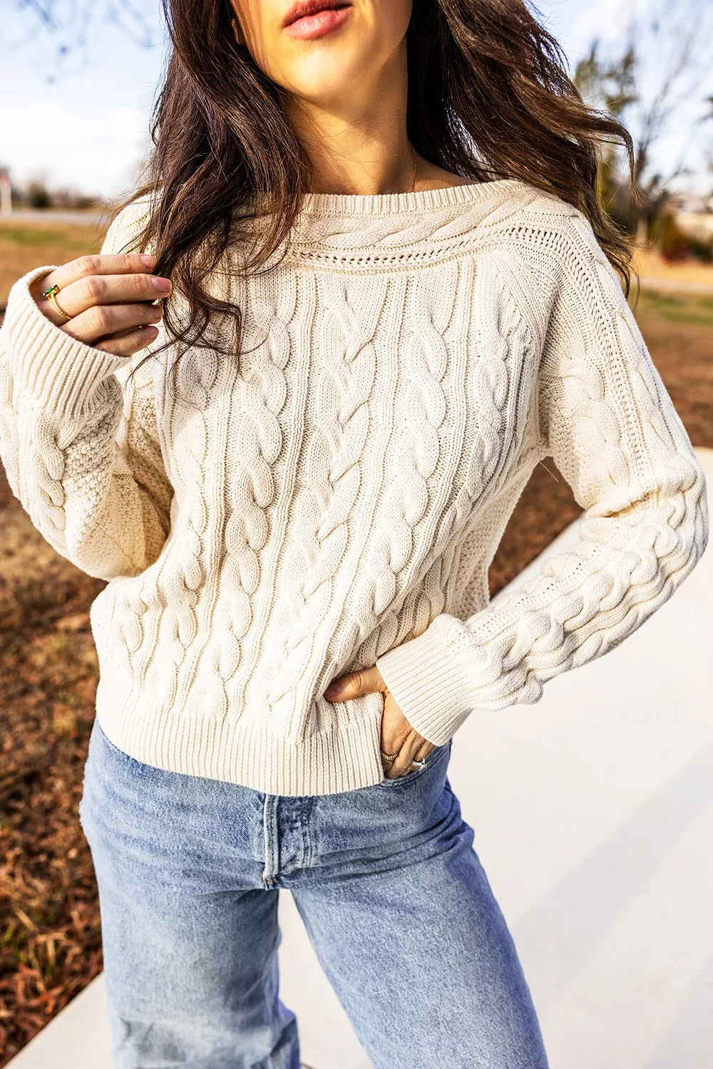 Drop Shoulder Round Neck Cable Knit Sweater in Cream, close-up detail