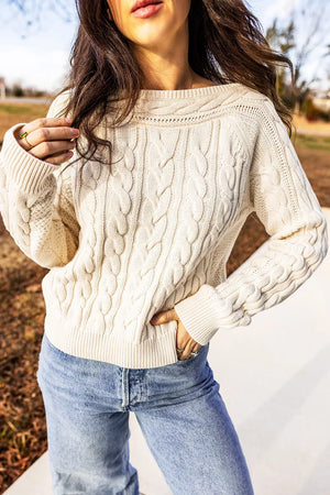 Drop Shoulder Round Neck Cable Knit Sweater in Cream, close-up detail