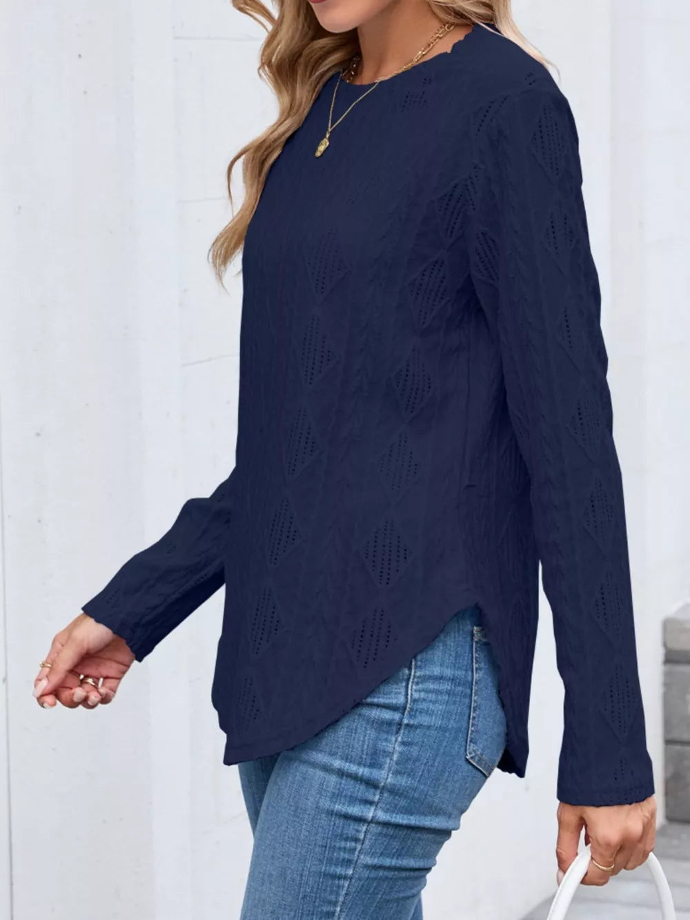 Textured Diamond Knit Long Sleeve T-shirt in Pink, editorial view