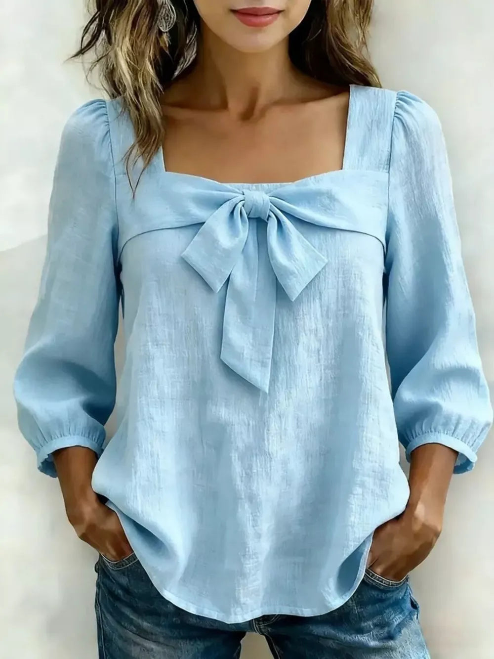 Full Size Bow Front Square Neck Blouse Plus in Yellow, close-up detail