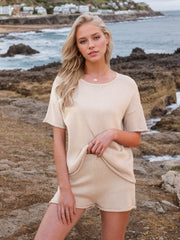 Eggshell textured knit co-ord set with relaxed fit t-shirt and shorts.