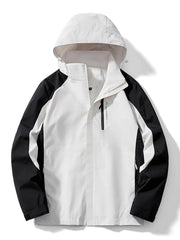 Men's white and black waterproof jacket with hood and zip pocket detail.