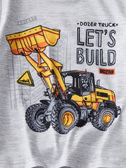 Kids grey cotton tee with bulldozer graphic and "Let's Build" text