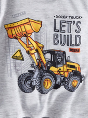 Kids grey cotton tee with bulldozer graphic and "Let's Build" text