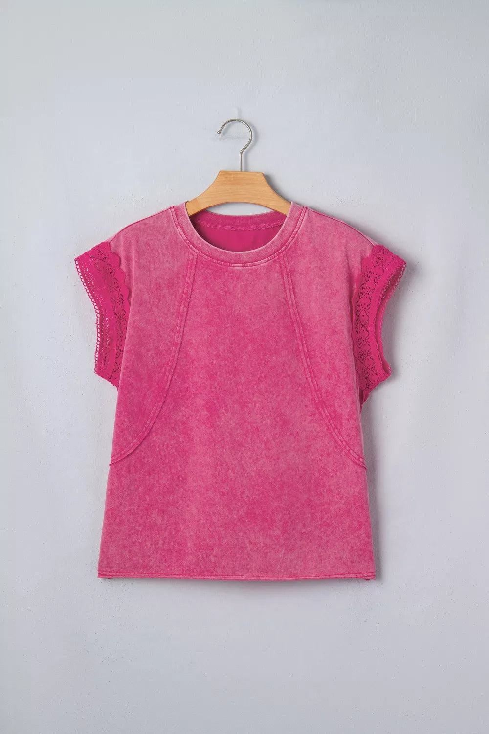 Mineral wash pink t-shirt with cap sleeves and lace trim detail.