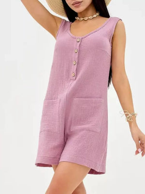 Purple crinkled cotton button-down sleeveless romper with pockets