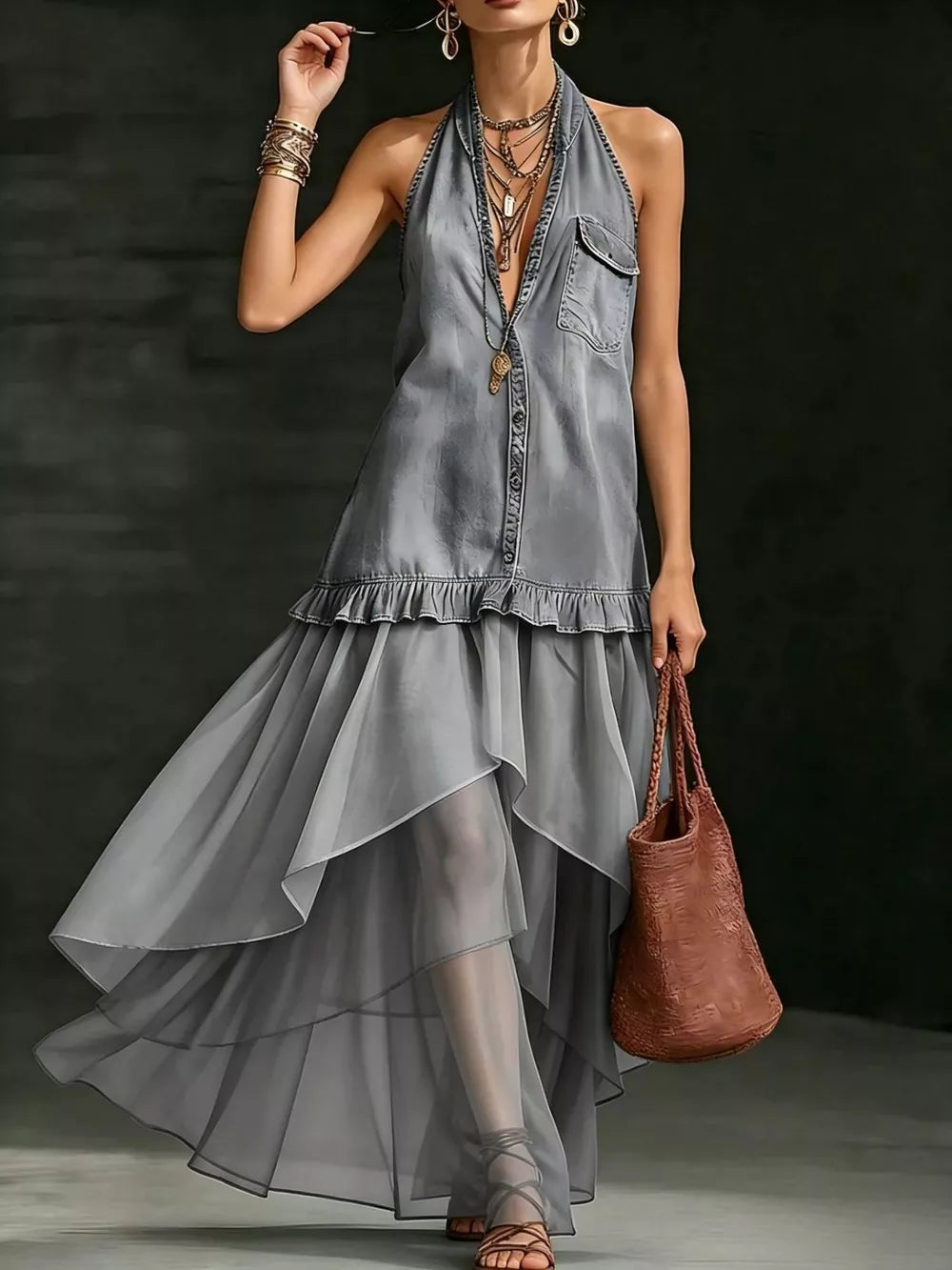 Grey ruffled halter maxi gown with button-down front and sheer tiered skirt.