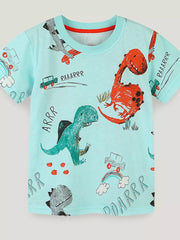 Light blue cotton t-shirt with a fun dinosaur and car graphic print.