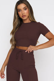 Brown ribbed crop top and wide leg pants set with drawstring waist