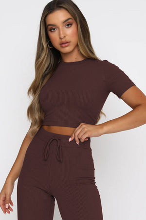 Brown ribbed crop top and wide leg pants set with drawstring waist