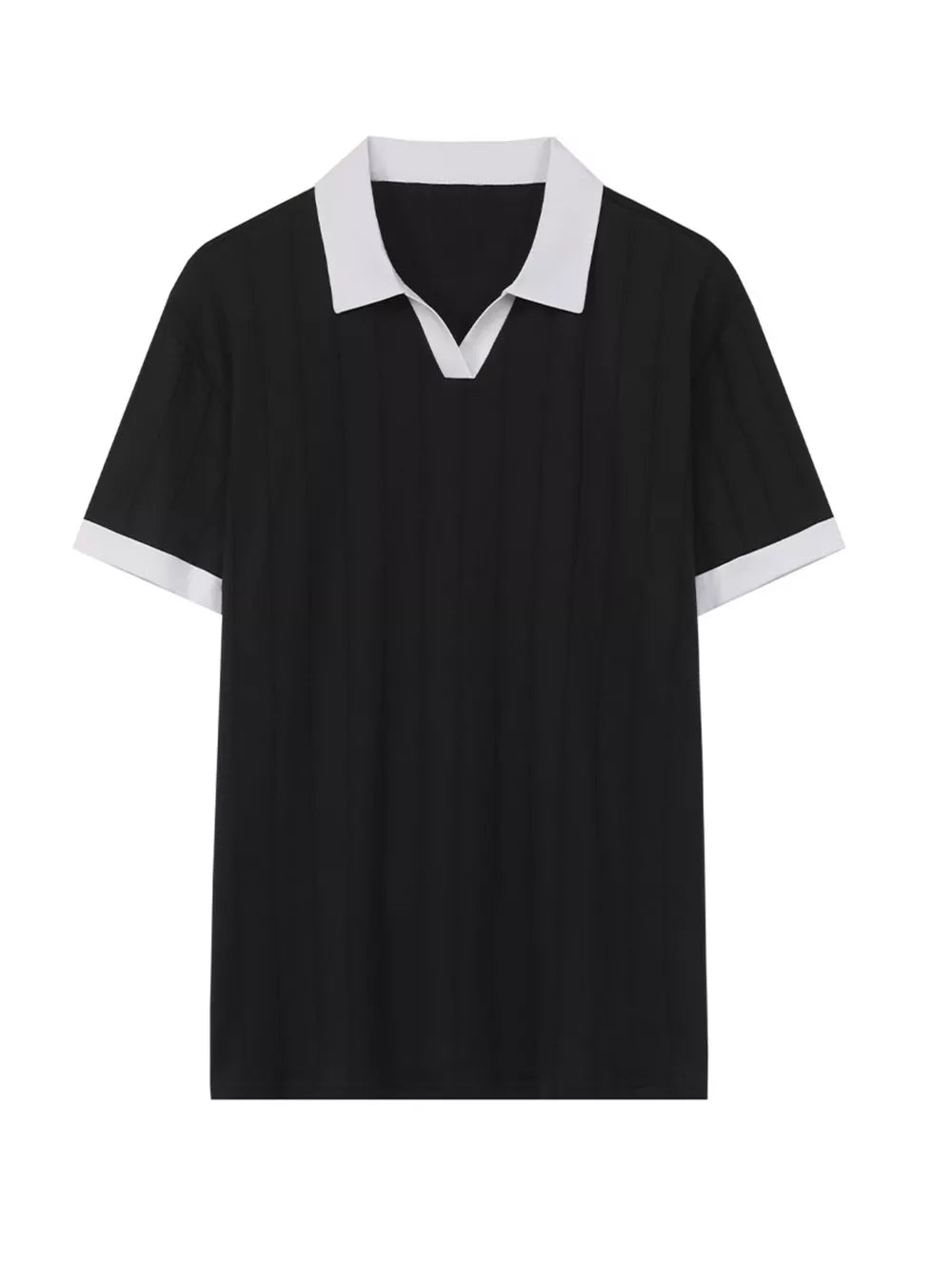 Black cotton polo shirt with white contrast trim collar and sleeves