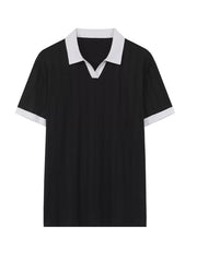 Black cotton polo shirt with white contrast trim collar and sleeves