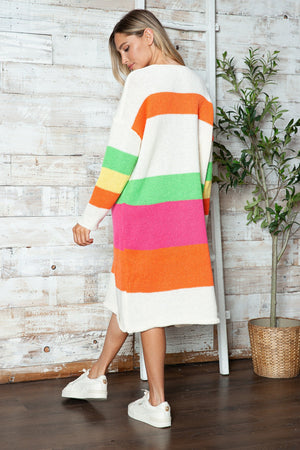 Beige midi sweater dress with rainbow stripes and long sleeves.