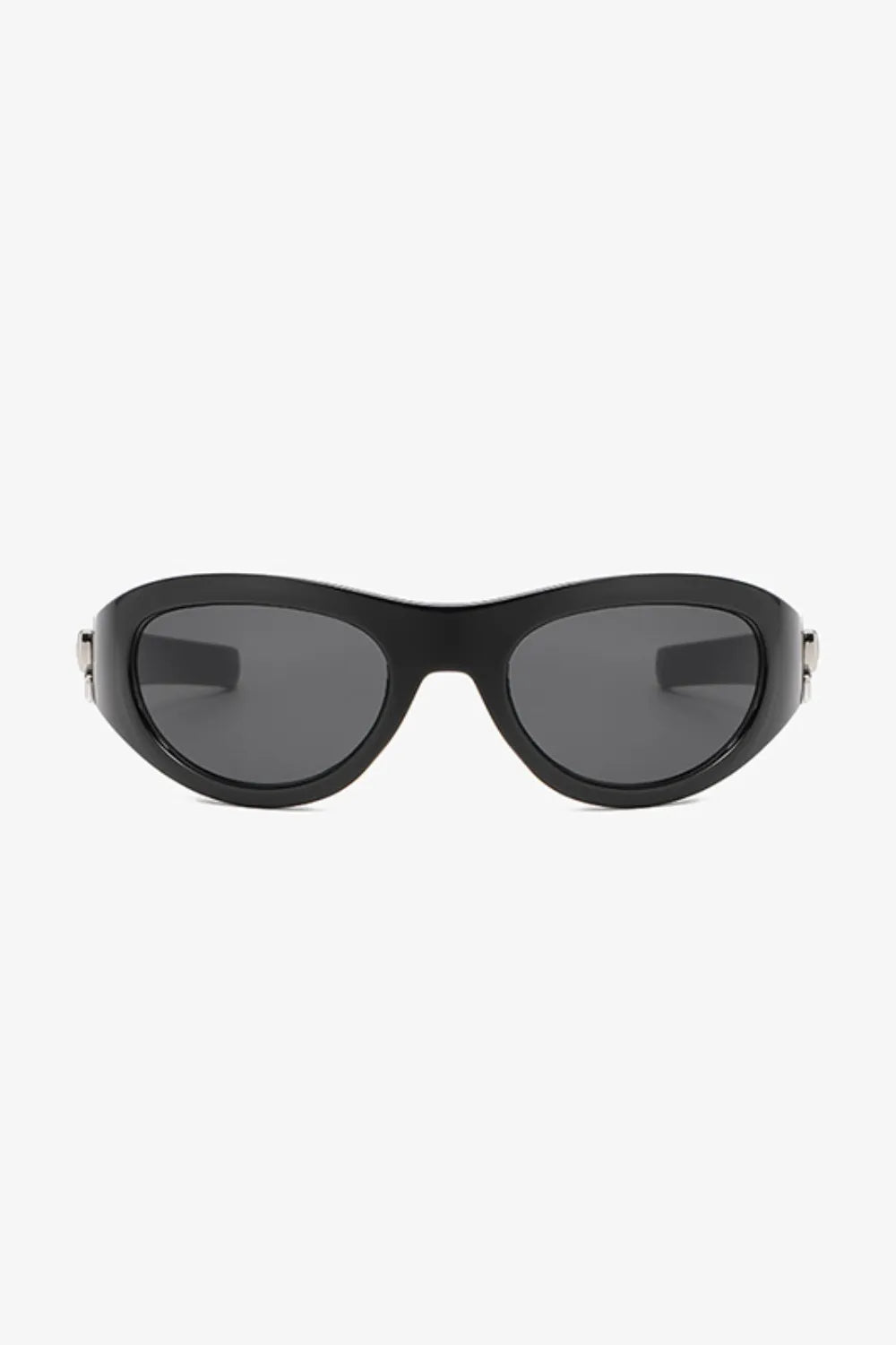 Black sporty shield sunglasses with a bow accent and dark lenses.