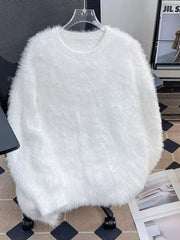 White fluffy knit pullover sweater with crew neck and long sleeves.
