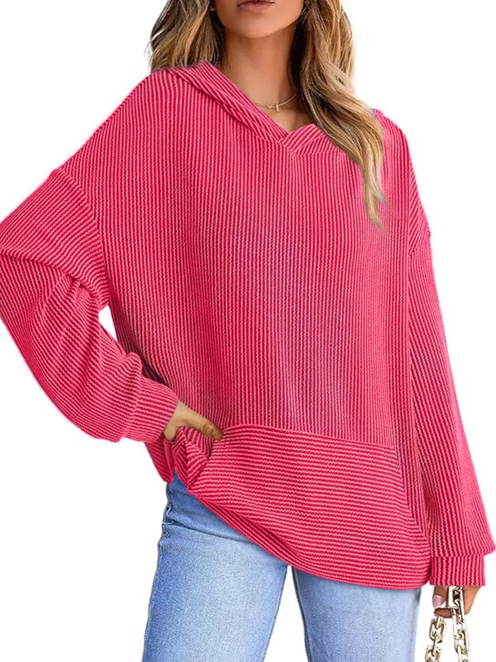 Rose Red ribbed V-neck oversized hoodie sweatshirt with balloon sleeves and front pocket.