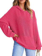 Rose Red ribbed V-neck oversized hoodie sweatshirt with balloon sleeves and front pocket.