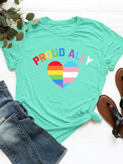 Proud Ally graphic tee in Tiffany Blue with rainbow and transgender heart.