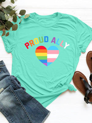 Proud Ally graphic tee in Tiffany Blue with rainbow and transgender heart.