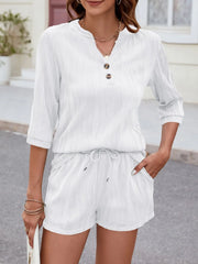 White textured henley short set with drawstring waist and 3/4 sleeves.