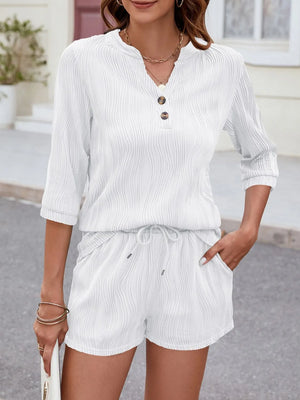White textured henley short set with drawstring waist and 3/4 sleeves.