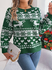 Green acrylic sweater with reindeer, snowflake, and heart jacquard pattern.