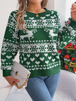 Green acrylic sweater with reindeer, snowflake, and heart jacquard pattern.
