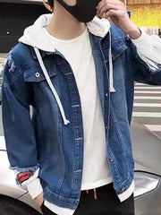 Men's Distressed Patchwork Hooded Denim Jacket in Light, close-up detail
