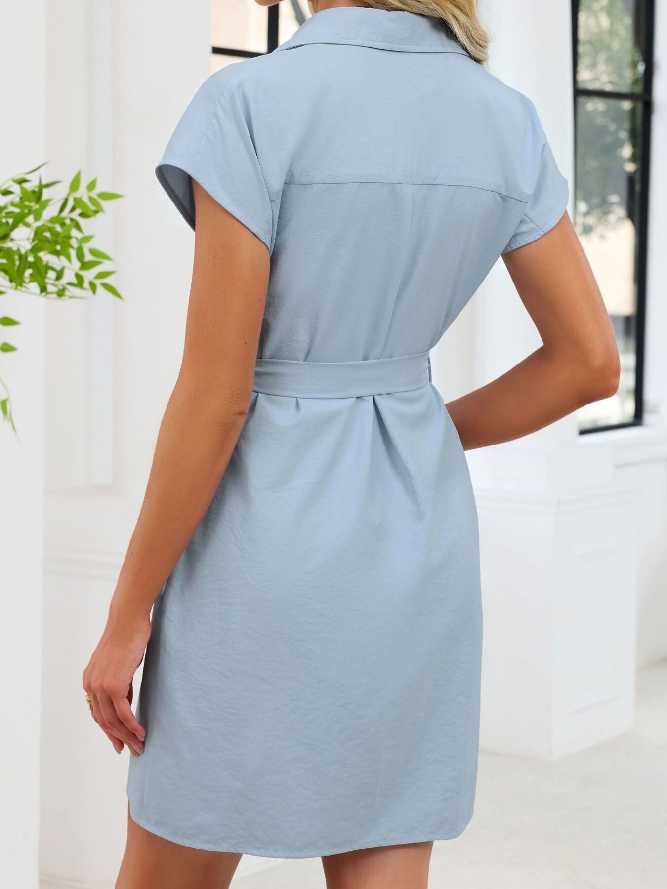 Button front cap sleeve dress in blue with belted waist and above knee length