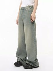 Heritage-inspired wide leg jeans in air force blue cotton blend with button fly.