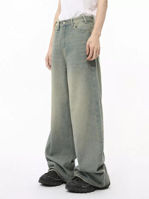 Heritage-inspired wide leg jeans in air force blue cotton blend with button fly.
