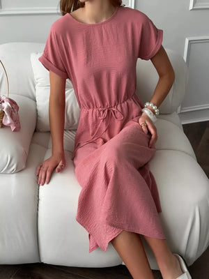 Casual Drawstring Waist Midi Dress in Deep Rose, fit detail