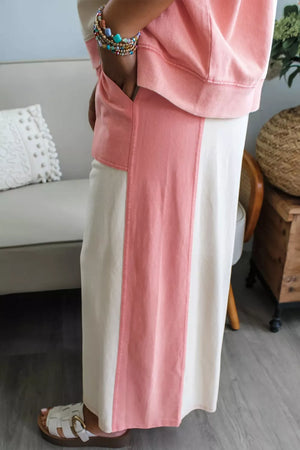 Chic color block cotton lounge set in cream and pink, featuring a relaxed fit and side pockets.