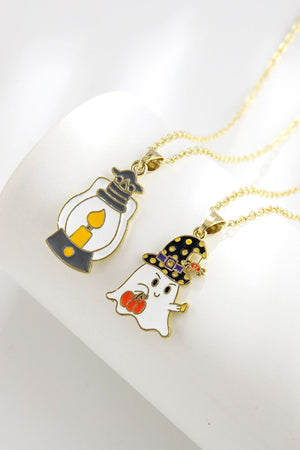Spooky Season enamel pendant necklaces with ghost and lantern charms.