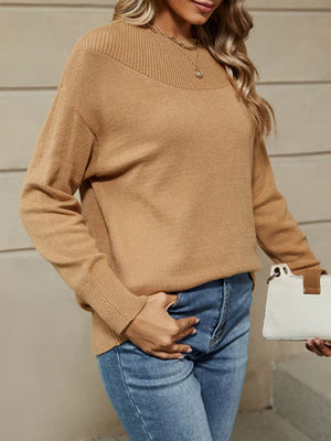 Ribbed Knit Dropped Shoulder Sweater in Light Gray, fit detail
