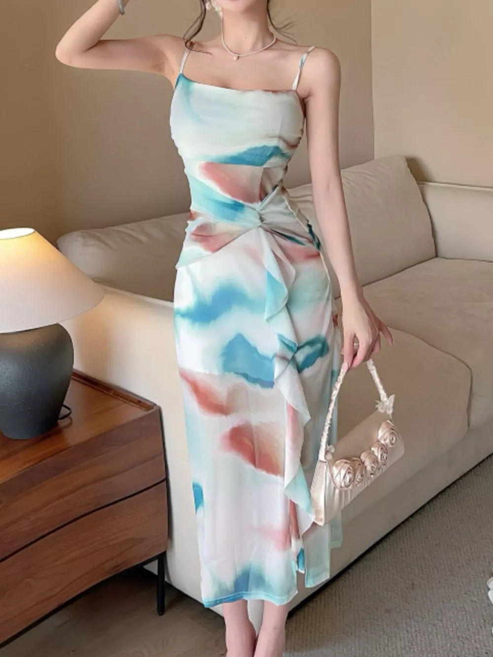 Abstract Watercolor Ruched Midi Dress in Yellow, model styling view