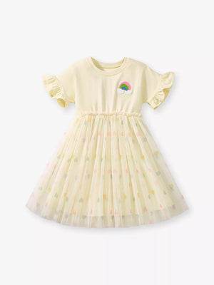 Baby dress with rainbow applique and heart-print tulle skirt