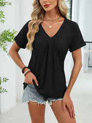 Ruched V-neck short sleeve t-shirt in black with elastane for comfort.